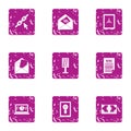 Trading news icons set, grunge style