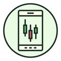 Trading on Phone vector Candlestick Chart on Screen round colored icon or sign Royalty Free Stock Photo