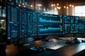 Trading platforms illuminate a modern workspace with data and graphs at night. Generative AI Royalty Free Stock Photo