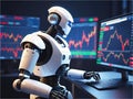 Trading robot looking at stock market price charts against screens with financial market indicator graphs. Algorithmic trade bots