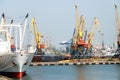 The trading seaport with cranes, cargoes and ship Royalty Free Stock Photo