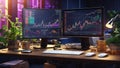 Trading workplace with computer monitors with abstract financial charts on the background