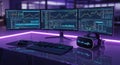 Trading workstation with multiple monitors displaying financial charts and virtual reality headset Royalty Free Stock Photo