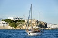 Tradinional wooden cruise boat near coastline.Athens, Greece.