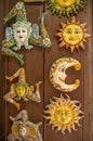 Tradioionic colorful Sicilian ceramics - sun, moon and Trinacria, Italy Royalty Free Stock Photo