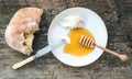 Tradirional Balkan breakfast set: kaymak (butter cream), flatbre Royalty Free Stock Photo