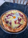 Traditinal Turkish Cuisine Pide with Karadeniz Cheese and Pastirma or Pastrami. Turkish Pizza