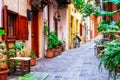 traditioanl colorful narrown streets of Greek town Rethymno, Crete island Royalty Free Stock Photo