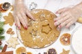 Tradition of celebrating home bakery prepares traditional holiday sweets. rolled gingerbread dough. on the background of gingerbre