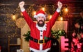 Tradition celebration. Celebrate winter holidays. Indulge yourself in joy. Celebration time. Man bearded santa celebrate Royalty Free Stock Photo