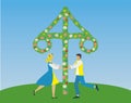 Midsummer in Sweden. Dancing around Maypole. Vector illustration.