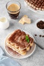 Tradition italian layered dessert tiramisu with mascarpone cream and biscuits on a white plate with cup of coffee Royalty Free Stock Photo