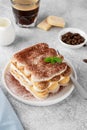 Tradition italian layered dessert tiramisu with mascarpone cream and biscuits on a white plate with cup of coffee Royalty Free Stock Photo