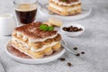 Tradition italian layered dessert tiramisu with mascarpone cream and biscuits on a white plate with cup of coffee Royalty Free Stock Photo