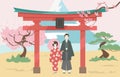 Tradition japan style lovely married couple walking through gate ceremony, landscape mount fuji and national park flat Royalty Free Stock Photo