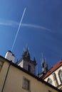 Tradition and modernity - the aspiration to the sky: Jet plane and the Catholic Cathedral.