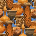 Seamless pattern of traditional African vintage vases.