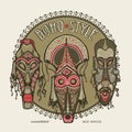 Traditional African masks. Ethnic style card template, boho shop, business cards