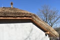 Traditional African thatched roof against a blue sky