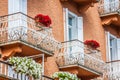 Traditional alpine houses with flowers on balcony, Cortina d'Amp Royalty Free Stock Photo