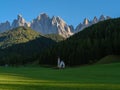 Traditional alpine St Johann church in Val di Funes valley, Santa Maddalena. Dolomites, Italy, Europe Royalty Free Stock Photo