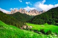 Traditional alpine St Johann church in Val di Funes valley, Santa Maddalena touristic village, Dolomites, Italy. Royalty Free Stock Photo