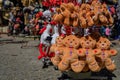 Traditional Alsatian gingerbread man and stork plush toys in Strasbourg, France