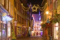 Christmas street at night in Colmar, Alsace, France Royalty Free Stock Photo