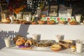 Traditional altar for day of the dead, dia de los muertos with food offerings, Merida, Yucatan Mexico