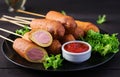 Traditional American corn dogs with mustard and ketchup Royalty Free Stock Photo