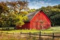 Traditional American farm with a red wooden barn. Old red barn in rural
