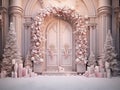 luxury creamy Christmas background with decorations and Christmas garland with golden and white balls on the sides, and white