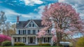 Traditional American house with Springtime garden and blooming pink sakura