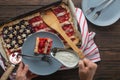 Traditional American Independence Day or Labor Day Strawberry Pie in the Shape of a Flag, Top View Royalty Free Stock Photo