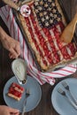 Traditional American Independence Day or Labor Day Strawberry Pie in the Shape of a Flag, Top View Royalty Free Stock Photo