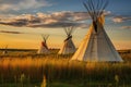 Traditional american indian wigwam in the field at sunset, First Nations tipis on the open prairies of North America, AI Generated Royalty Free Stock Photo