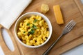 Traditional American macaroni and cheese comfort food also called mac n cheese with elbow pasta coated in a cheesy creamy cheddar Royalty Free Stock Photo