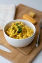 Traditional American macaroni and cheese comfort food also called mac n cheese with elbow pasta coated in a cheesy creamy cheddar Royalty Free Stock Photo