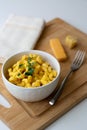 Traditional American macaroni and cheese comfort food also called mac n cheese with elbow pasta coated in a cheesy creamy cheddar Royalty Free Stock Photo