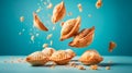 Traditional American meal. Tasty empanadas fly with splashing on blue background. Generative AI