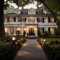 Traditional american villa. Upper class family home. Photo taken in the evening