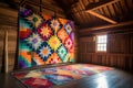 traditional amish quilt displayed in a barn