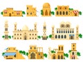 Traditional ancient arabic architecture mud brick buildings. Towers, houses, rotunda and castle buildings vector