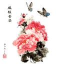 Ancient Chinese traditional hand brush and ink painting - peony flowers and butterfly