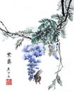 Traditional ancient Chinese ink painting: wisteria and butterfly Chinese translation: wisteria, winter Seal translation: peace eve