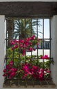 Traditional andalusian architecture of whitewashed walls and windows full of flowers Royalty Free Stock Photo