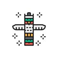 Traditional animal totem pole, native indian totem flat color line icon.