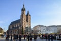 Traditional annual christmas fair at the Main Market Square with St. Mary`s Basilica. Krakow, Poland