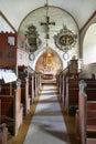 Traditional antique norwegian interior stone church. Luster. Travel Norway.