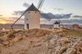 Traditional antique windmills at sunset in Spain. Consuegra, Toledo